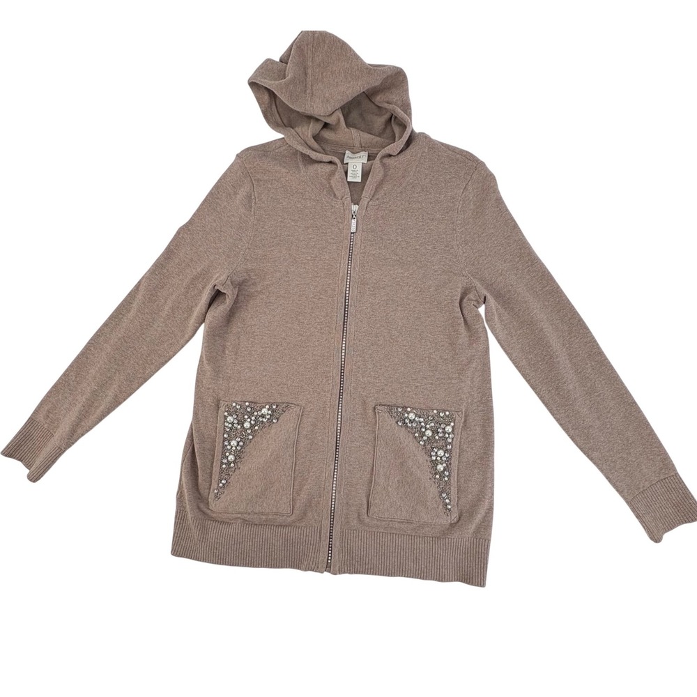 Chicos Zenergy Womens Zip Hoodie Cardigan Embellished Pockets/Zipper Beige Sz 0